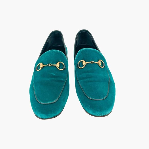 Gucci Jordaan Horsebit Loafer EU 37 US 7 Teal Velvet Flat Buckle Shoe Green Blue - Picture 2 of 12
